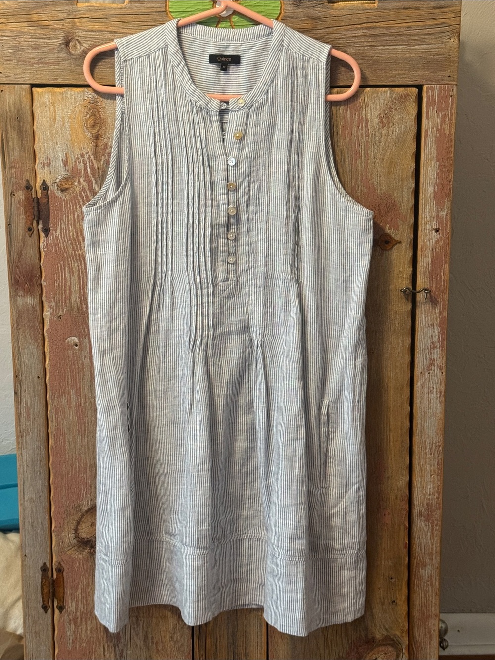 Quince European Linen Sleeveless Swing Dress blue pinstripe medium - Picture 7 of 16